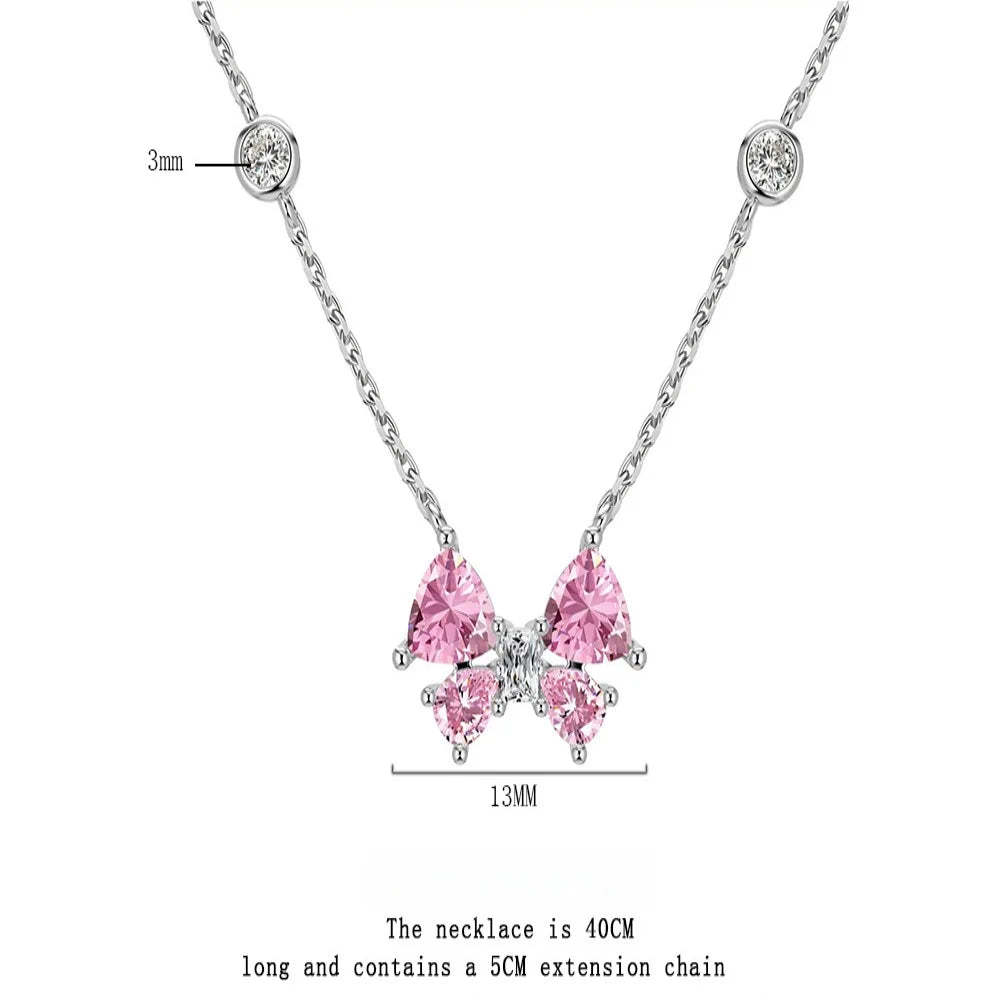 925 Sterling Silver Stylish Sweet Pink Bow Zircon Necklace Birthday Party Anniversary Gift Ladies Jewelry