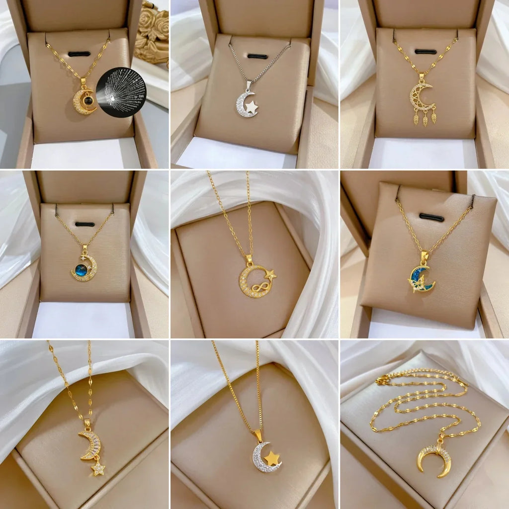 Crescent Moon Pendant Necklace | Vintage Stainless Steel Choker for Women