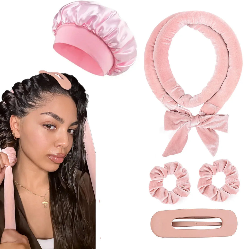 Velvet Heatless Hair Curlers Headband Kit No Heat Curls Tool + Satin Sleep Cap + Hair Ties Hairdressing Hair Care Styling Tools