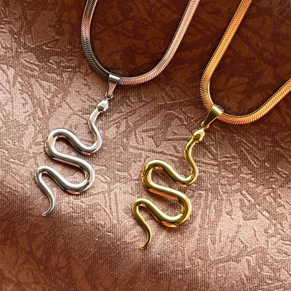 Flat Snake Chain Snake Pendant Necklace | Stainless Steel Choker Jewelry for Women