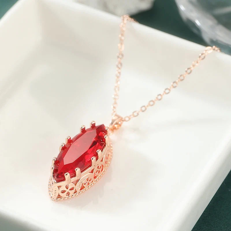 Elegant Luxury Leaf Shape Red Synthetic Zirconia Dangle Necklace for Women Fashion Charm Rose Golden Banquet Anniversary Jewelry