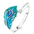 925 Sterling Silver Malachite Green Open Ring | Peacock Feather Adjustable Ring for Women