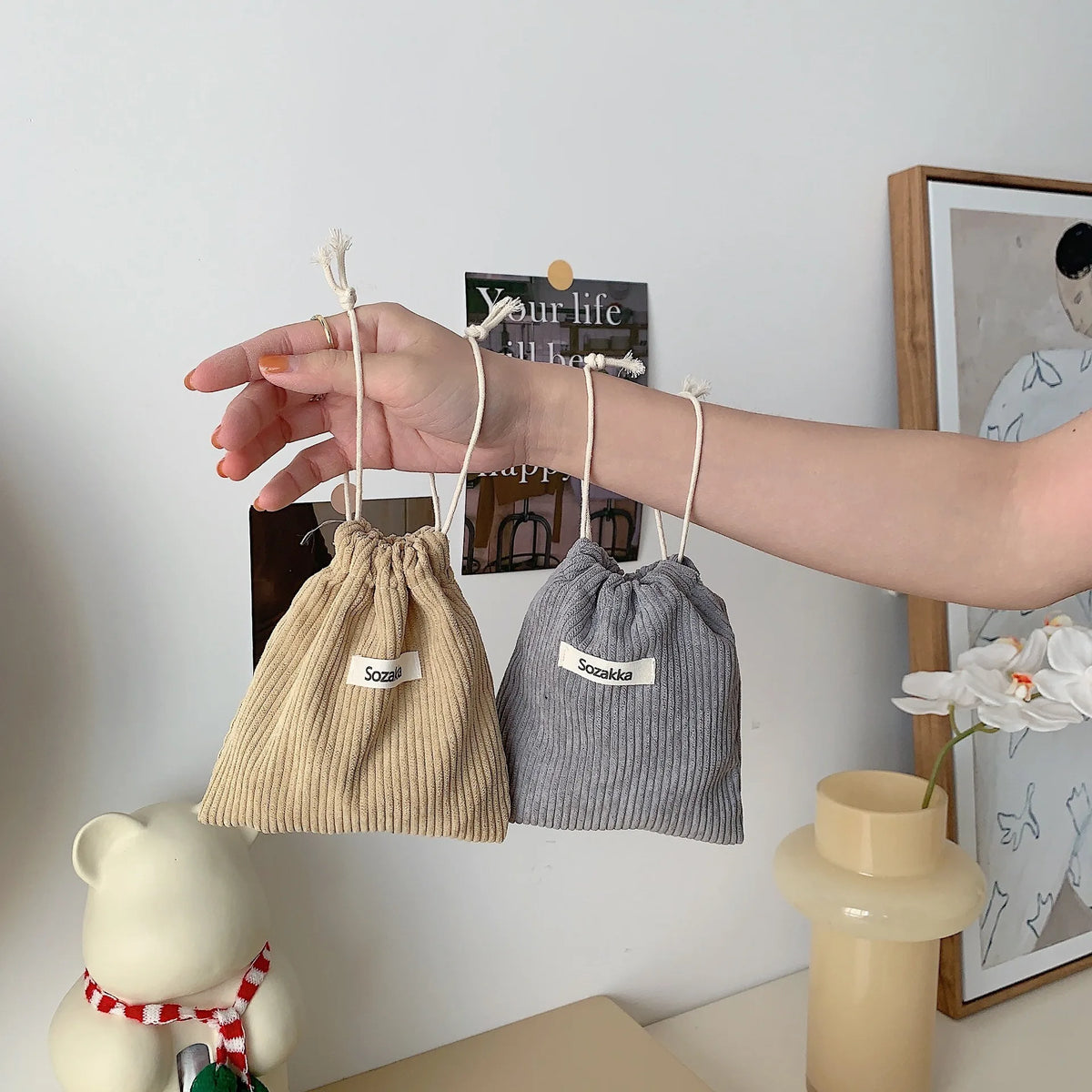 Corduroy Drawstring Pouch | Versatile Storage Bag for Jewelry, Cosmetics, and Small Essentials