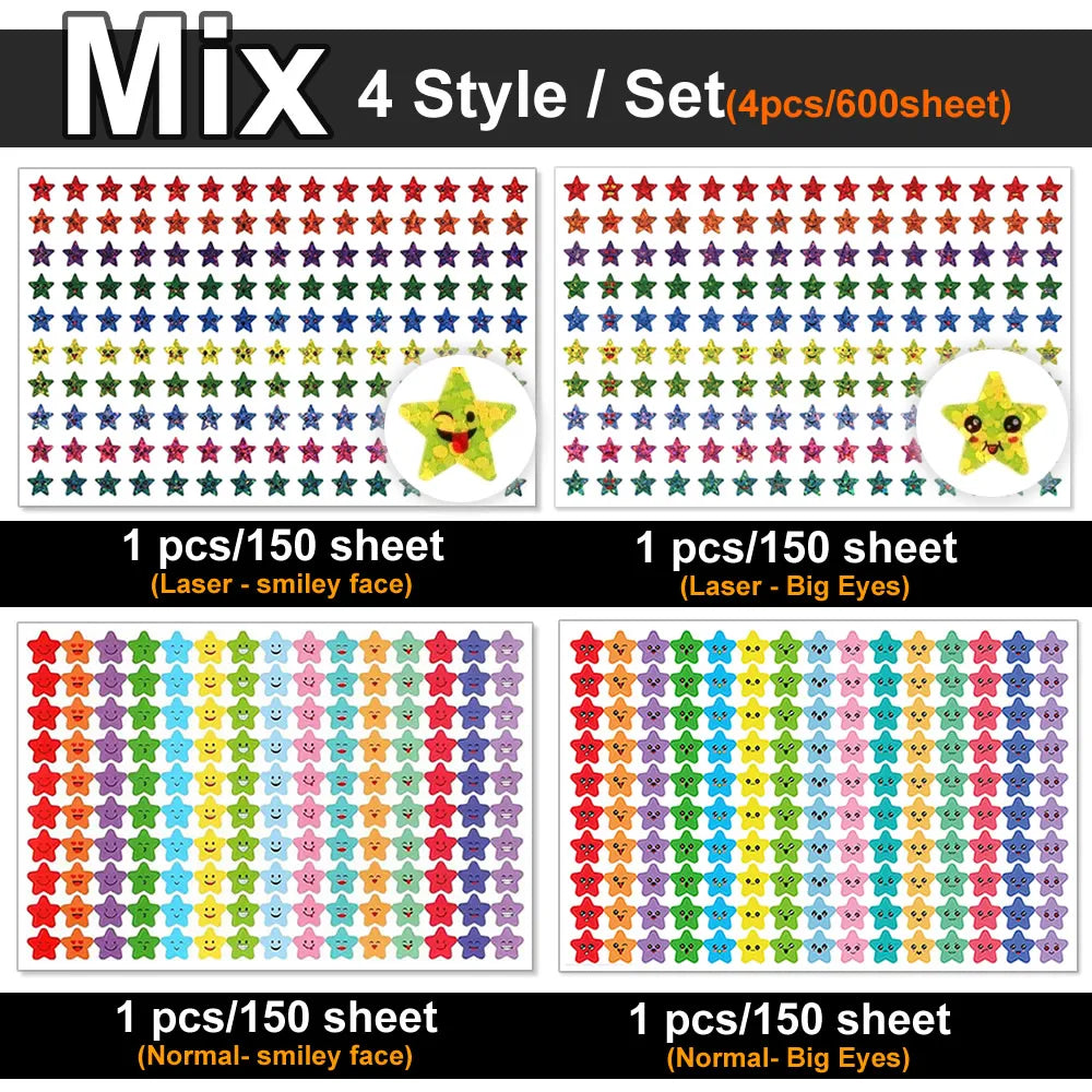 Happy Face Stars Reward Sticker Pack | 450-3000 Sheets for DIY Decor