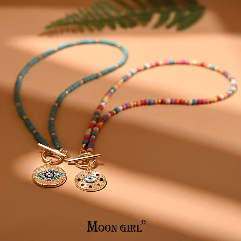 Colorful Stone Choker Necklace | Round Evil Charm Pendant for Women