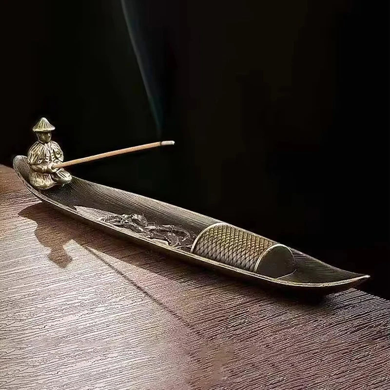 Fishing Old Man Incense Burner | Decorative Metal Boat Incense Holder