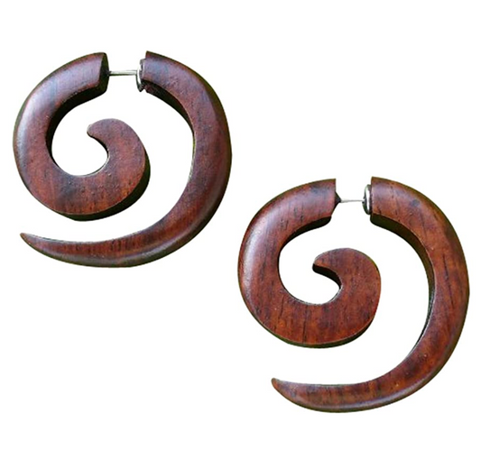Tribal Spiral Wood Earrings – Boho Organic Lightweight Geometric Jewelry brown or black