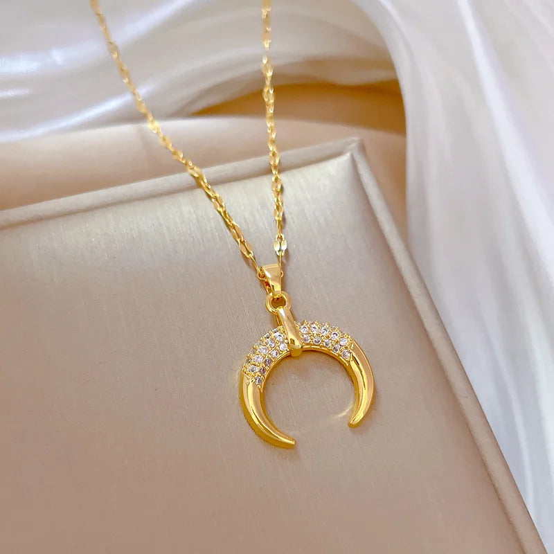 Crescent Moon Pendant Necklace | Vintage Stainless Steel Choker for Women