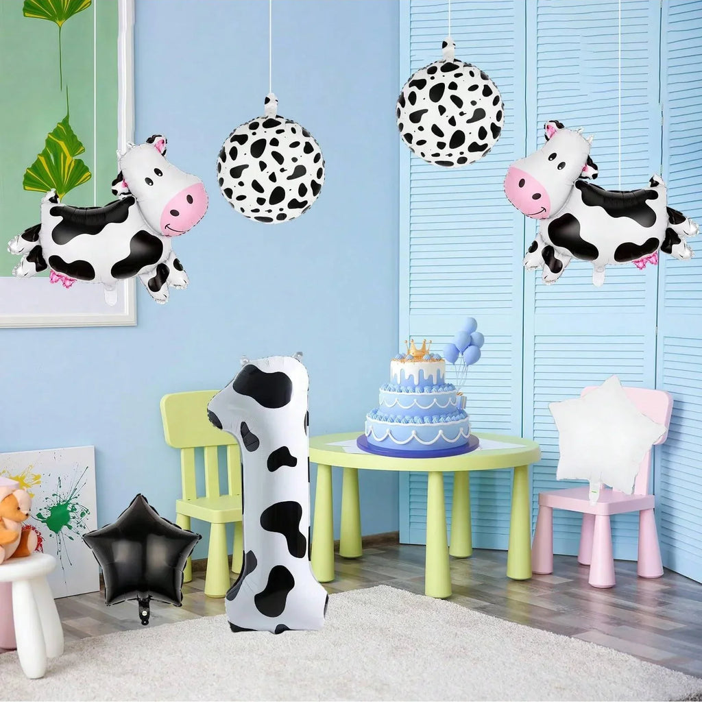 7pcs Big Cow Balloon Set 40 inch Black White Number 0-9 Foil Balloons | Farm Animal Birthday Party Decor