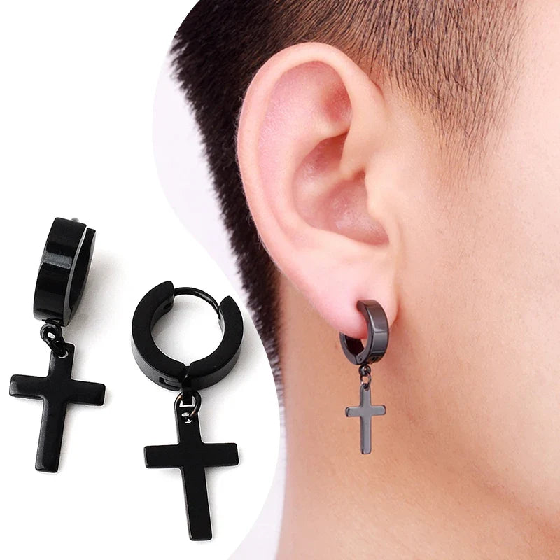 Black Cross Earrings for Men and Women | Stainless Steel Punk Stud Set