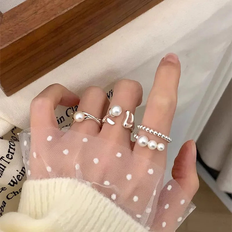 PANJBJ 925 Sterling Silver Pearl Irregular Ring | Women Shell Overlapping Hollow Sweet Design Jewelry