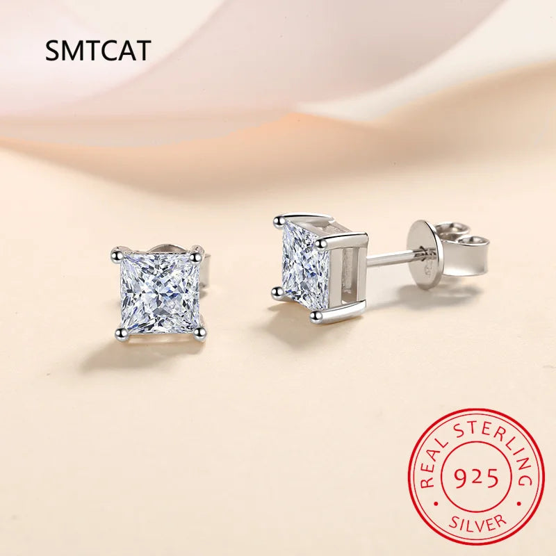 Moissanite Stud Earrings 925 Sterling Silver | VVS Simulated Diamond Princess Cut