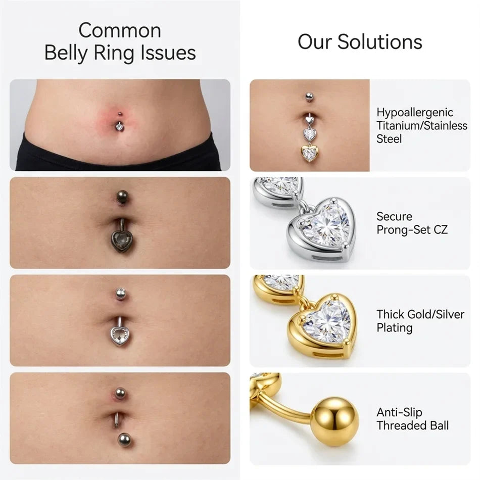 14G Crystal Heart Butterfly Dangle Belly Button Rings CZ Zircon Drop Navel Barbell Belly Rings Body Piercing Jewelry for Women