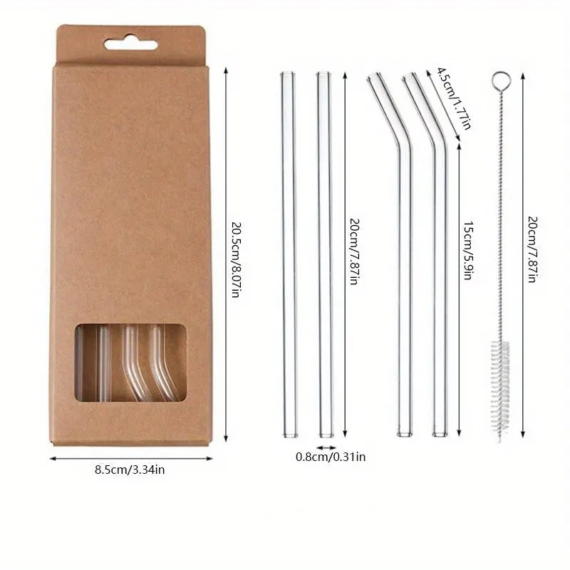 Heat Resistant Glass Straws Set of 5 with Cleaning Brush | Reusable Drinking Straws for Smoothies, Tea, and Coffee