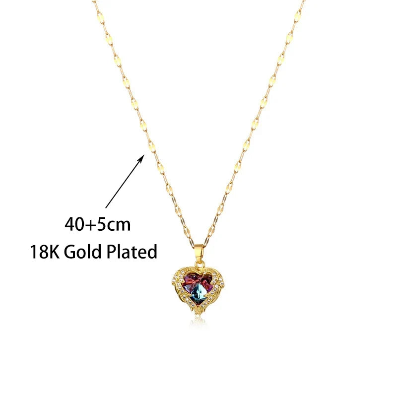 Stainless Steel Crystal Heart Pendant Necklace | Ocean Blue Water-Wave Chain for Women