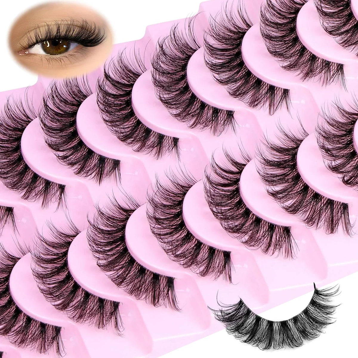 10 Pairs Natural Fluffy False Eyelashes | Wispy 3D Volume Strip Lashes with Clear Band