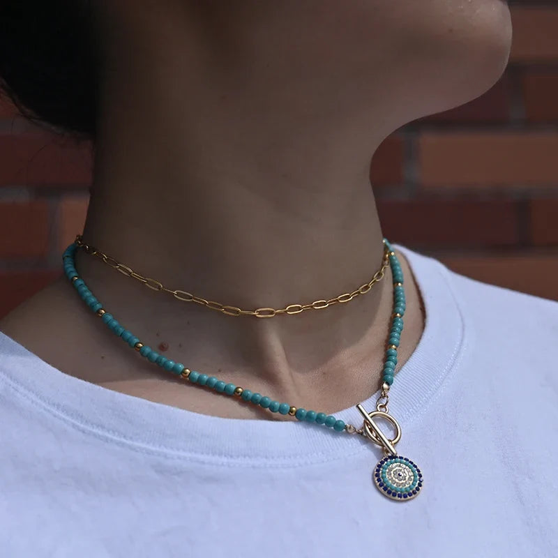 4mm Colorful Stone Choker Necklace for Women | Round Evil Charm Pendant