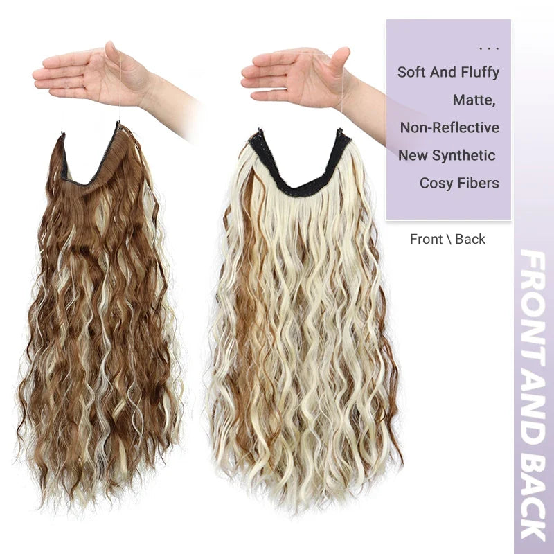 Long Synthetic Fishing Line Hair Extensions Elegant Water Wave Curly Styles for Women | Lightweight Fluffy-Looking Hairpiece