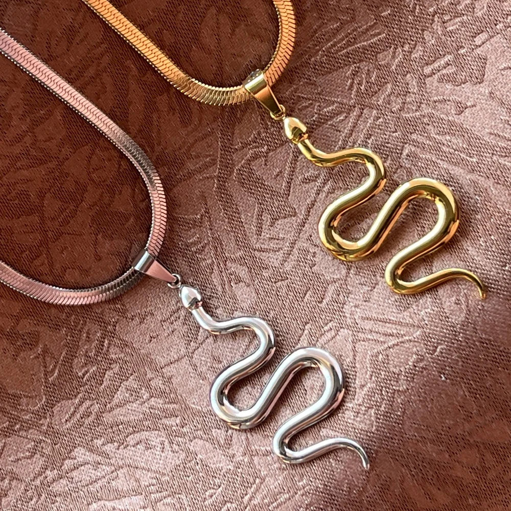 Flat Snake Chain Snake Pendant Necklace | Stainless Steel Choker Jewelry for Women