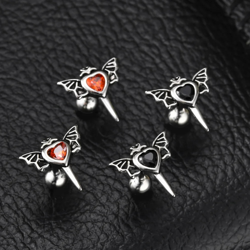 Stainless Steel Heart Zircon Wings Stud Earrings | Unisex Vintage Punk Gothic Jewelry