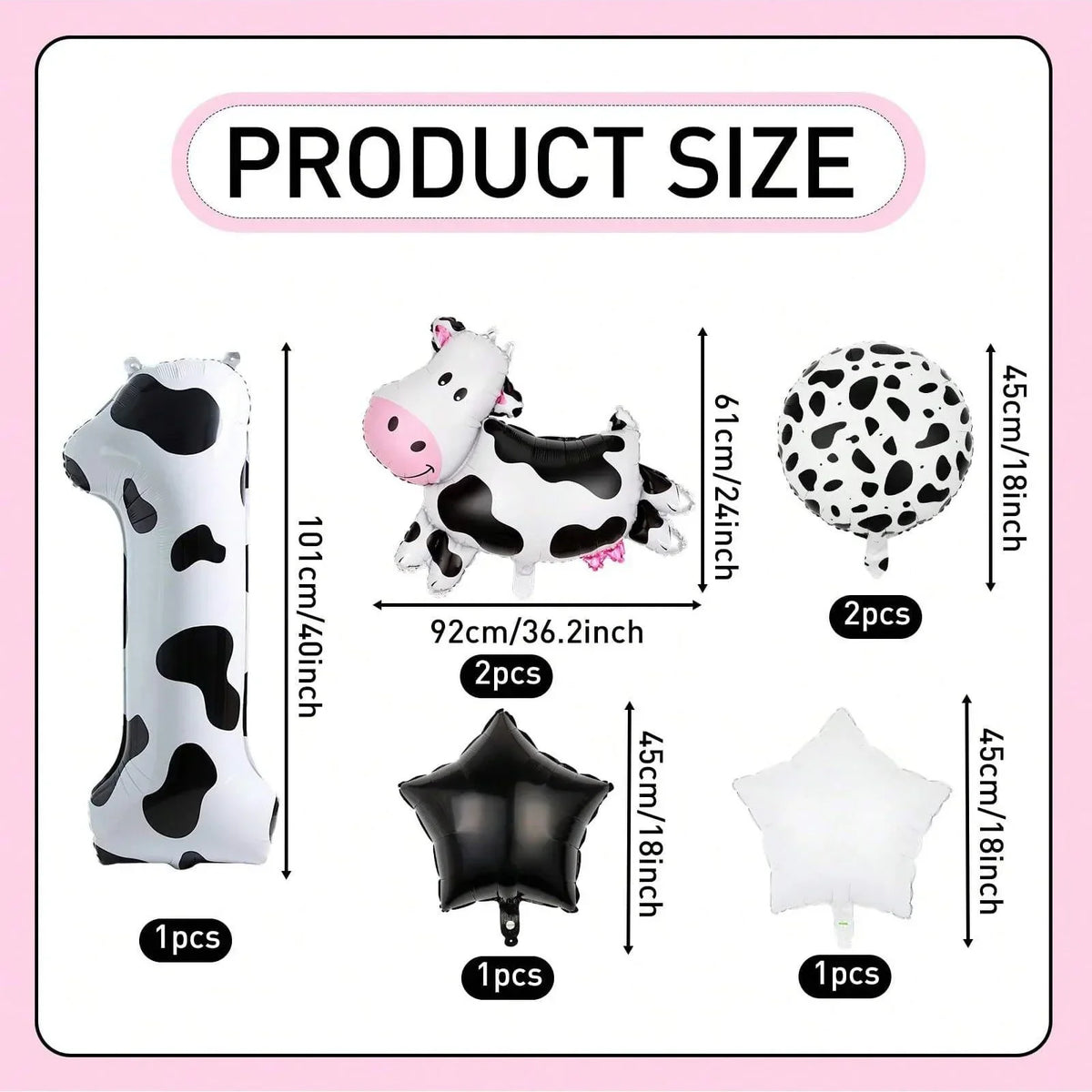 7pcs Big Cow Balloon Set 40 inch Black White Number 0-9 Foil Balloons | Farm Animal Birthday Party Decor