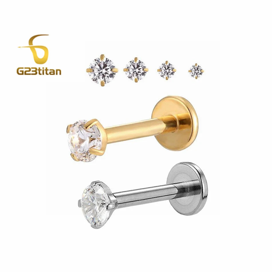 Titanium Labret Stud with Zircon Gem | Internally Threaded Body Jewelry