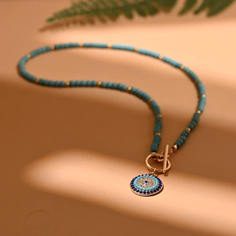 Colorful Stone Choker Necklace | Round Evil Charm Pendant for Women