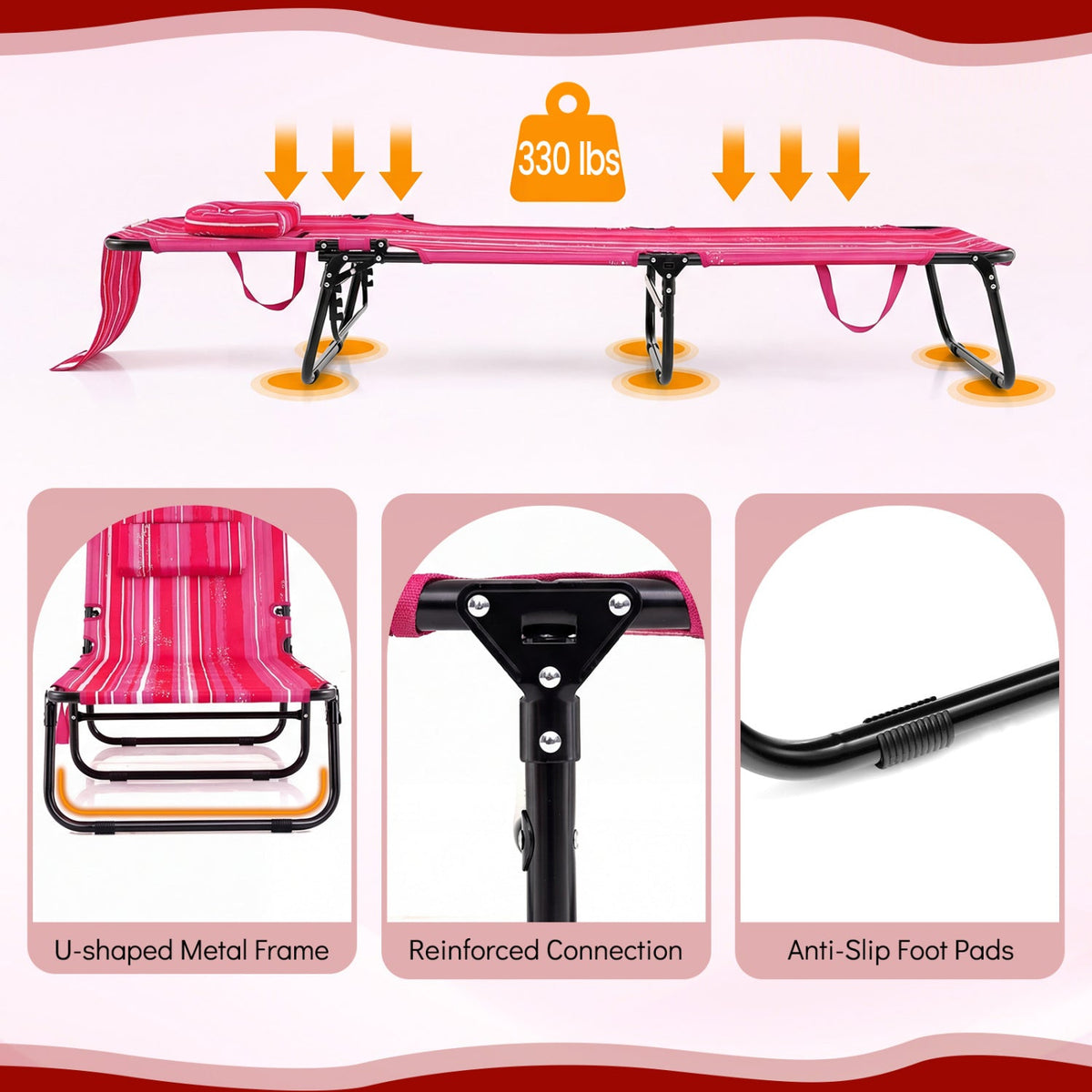 Set of 2 Folding Face Down Tanning Chair with Face Hole 3 Removable Pillows