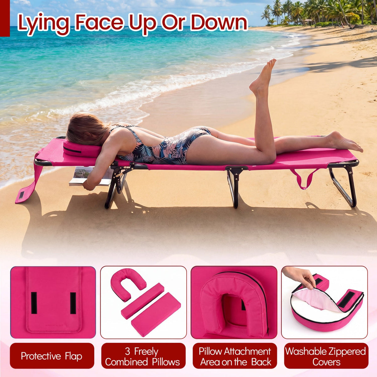 Set of 2 Folding Face Down Tanning Chair with Face Hole 3 Removable Pillows