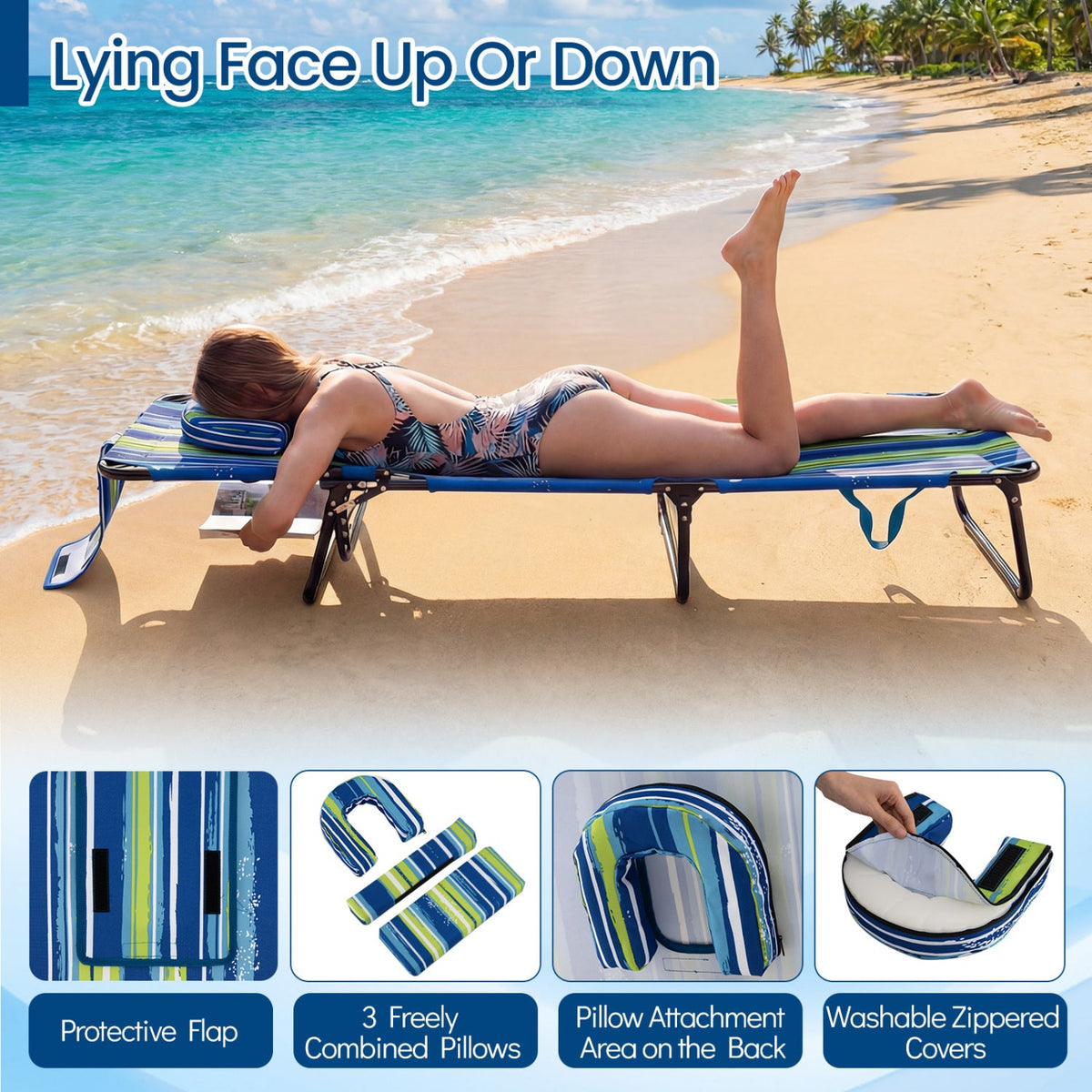 Set of 2 Folding Face Down Tanning Chair with Face Hole 3 Removable Pillows