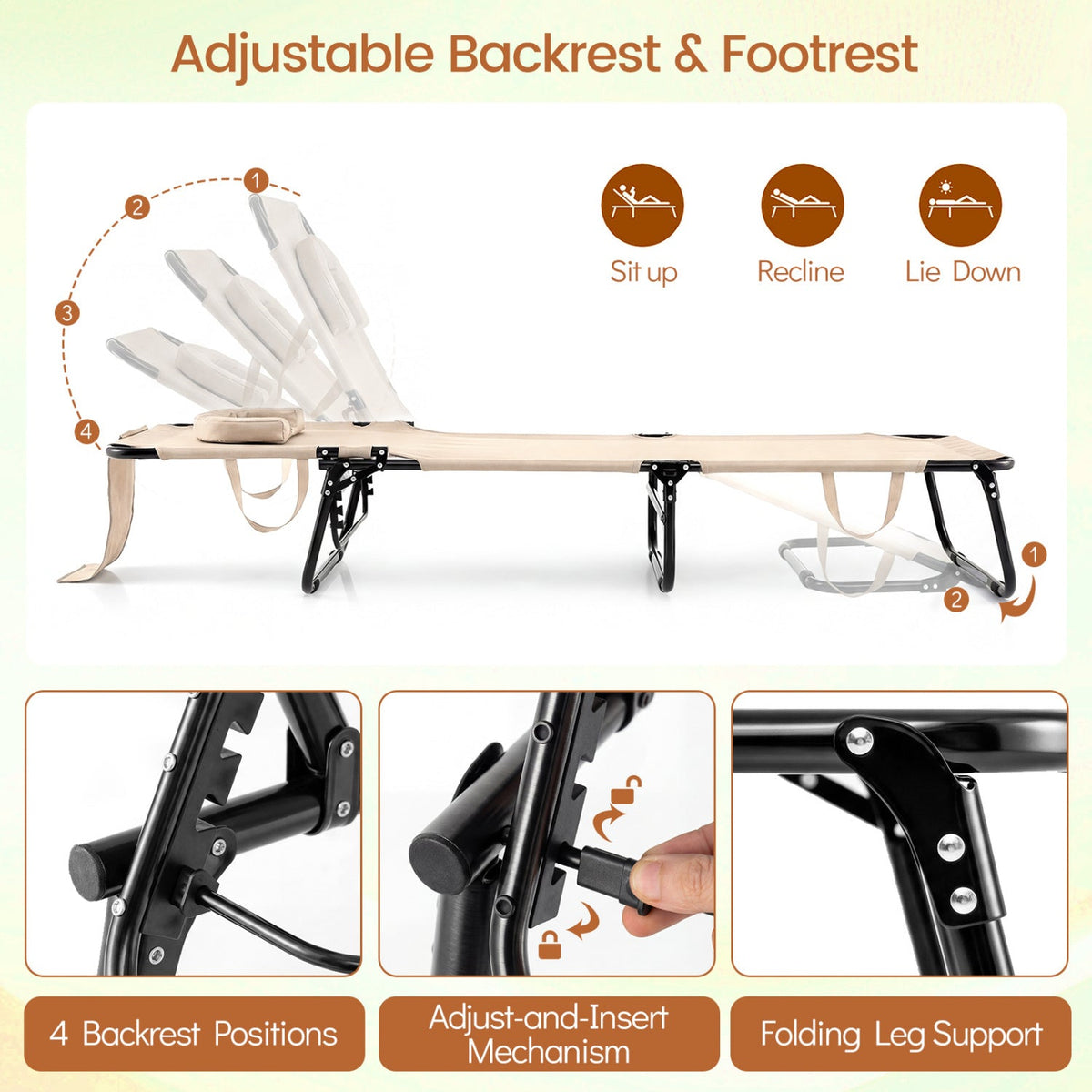 Set of 2 Folding Face Down Tanning Chair with Face Hole 3 Removable Pillows