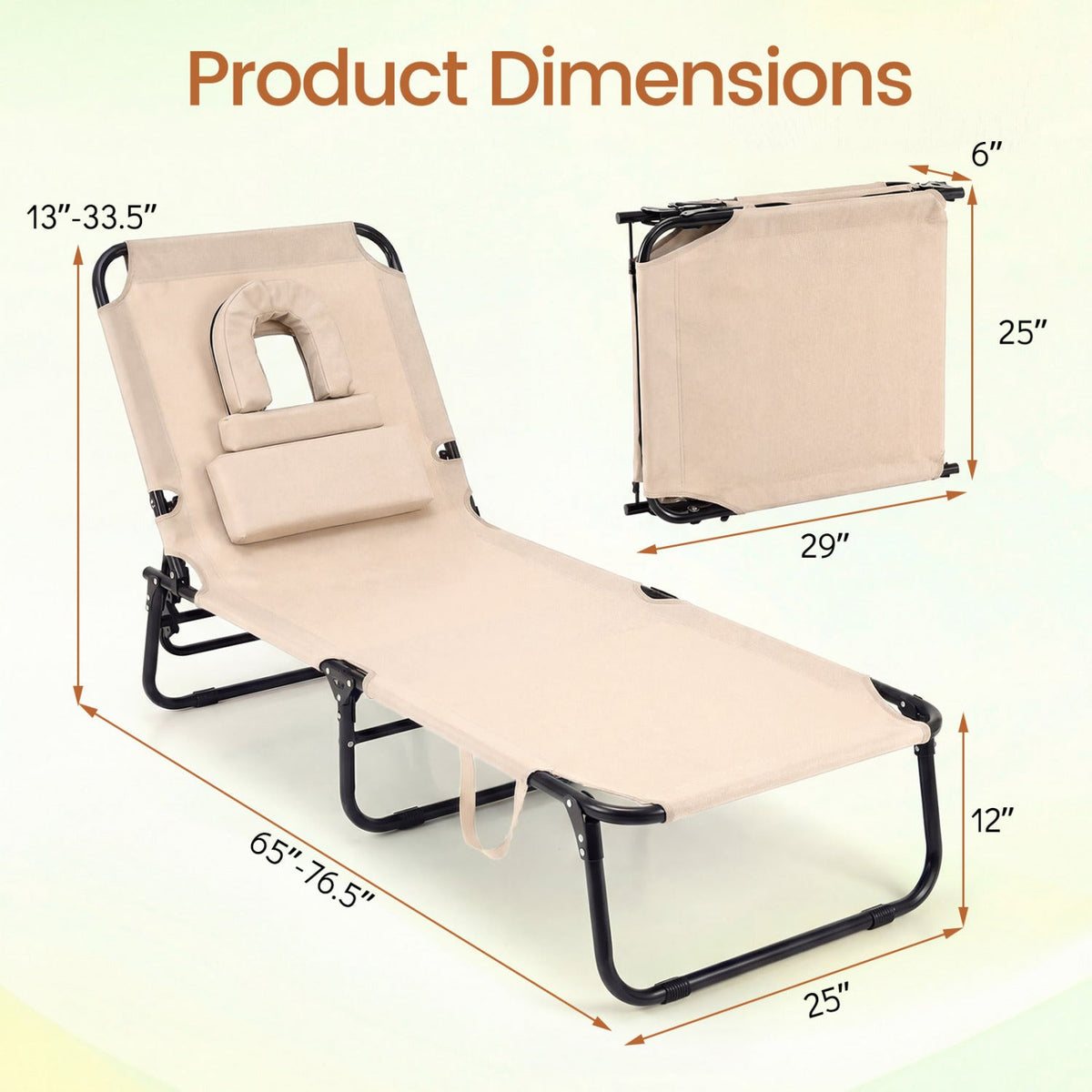 Set of 2 Folding Face Down Tanning Chair with Face Hole 3 Removable Pillows