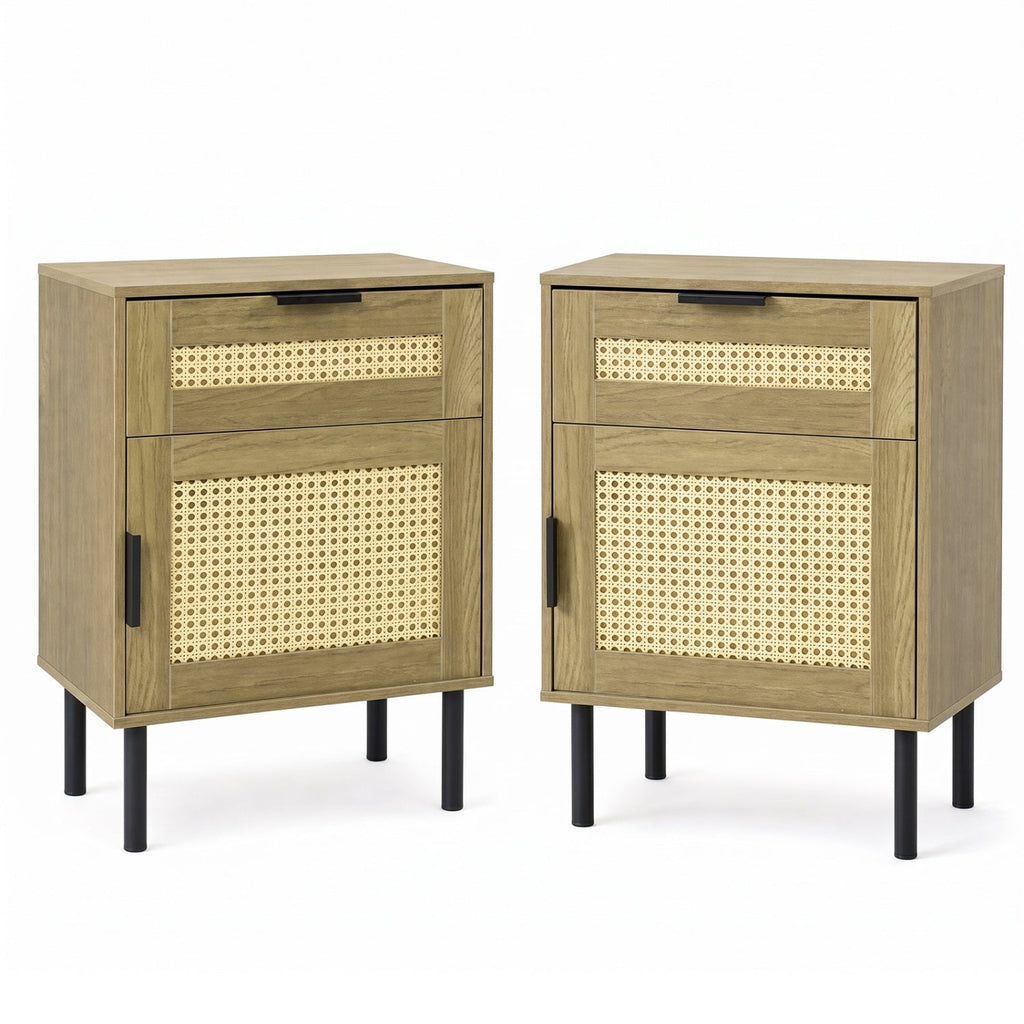 Rattan Nightstand Set of 2 with Drawer and Storage Cabinet
