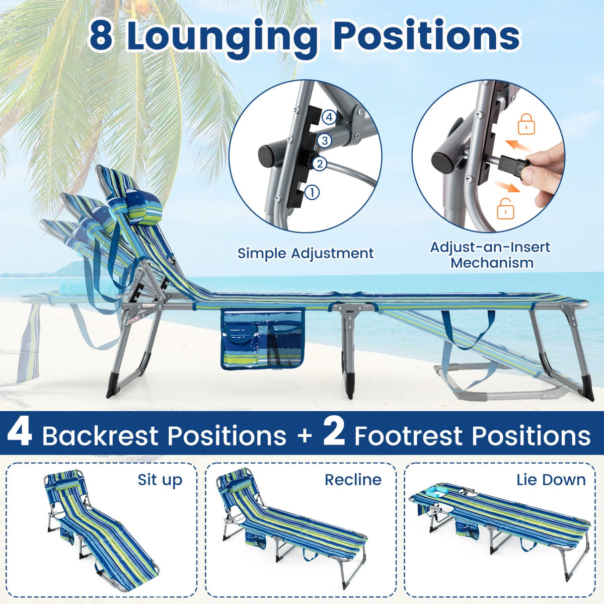 Set of 2 Tanning Chair Portable Chaise Lounge Chair with 4-Position Adjustable Backrest