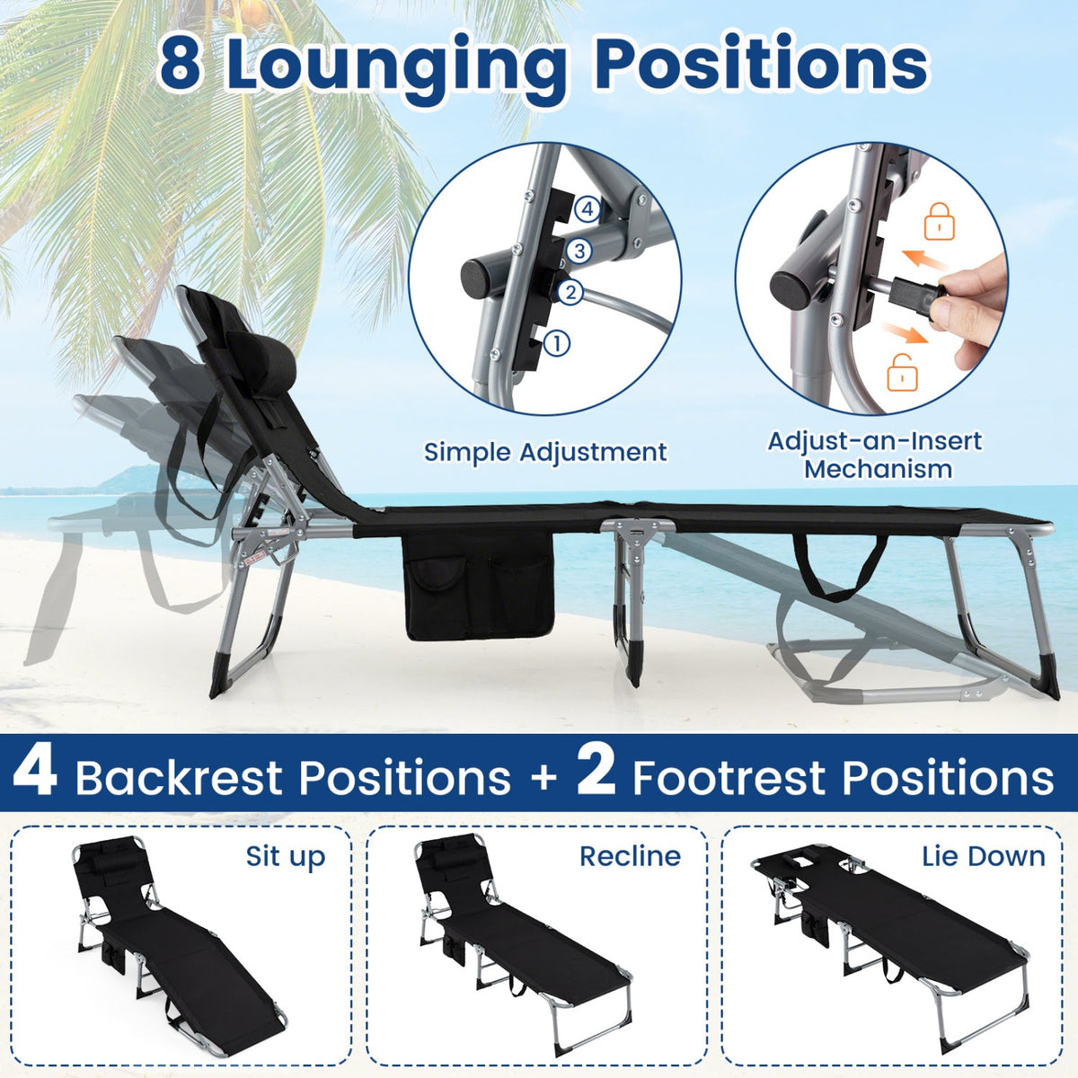 Adjustable Tanning Chaise Lounge Set of 2 with Face Hole
