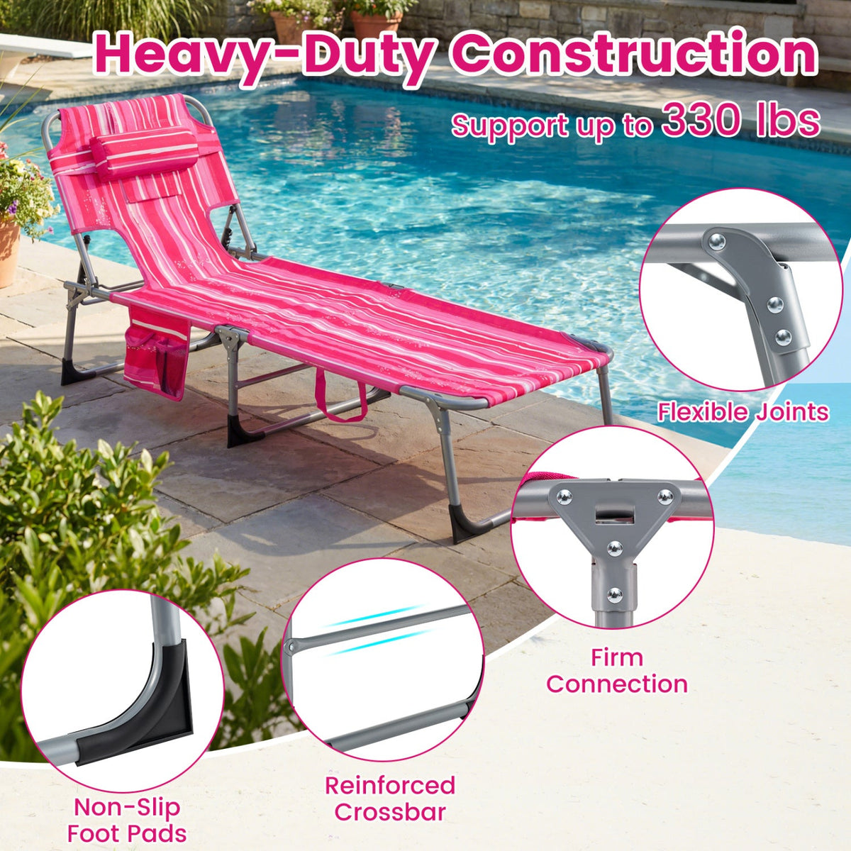 Adjustable Tanning Chaise Lounge Set of 2 with Face Hole
