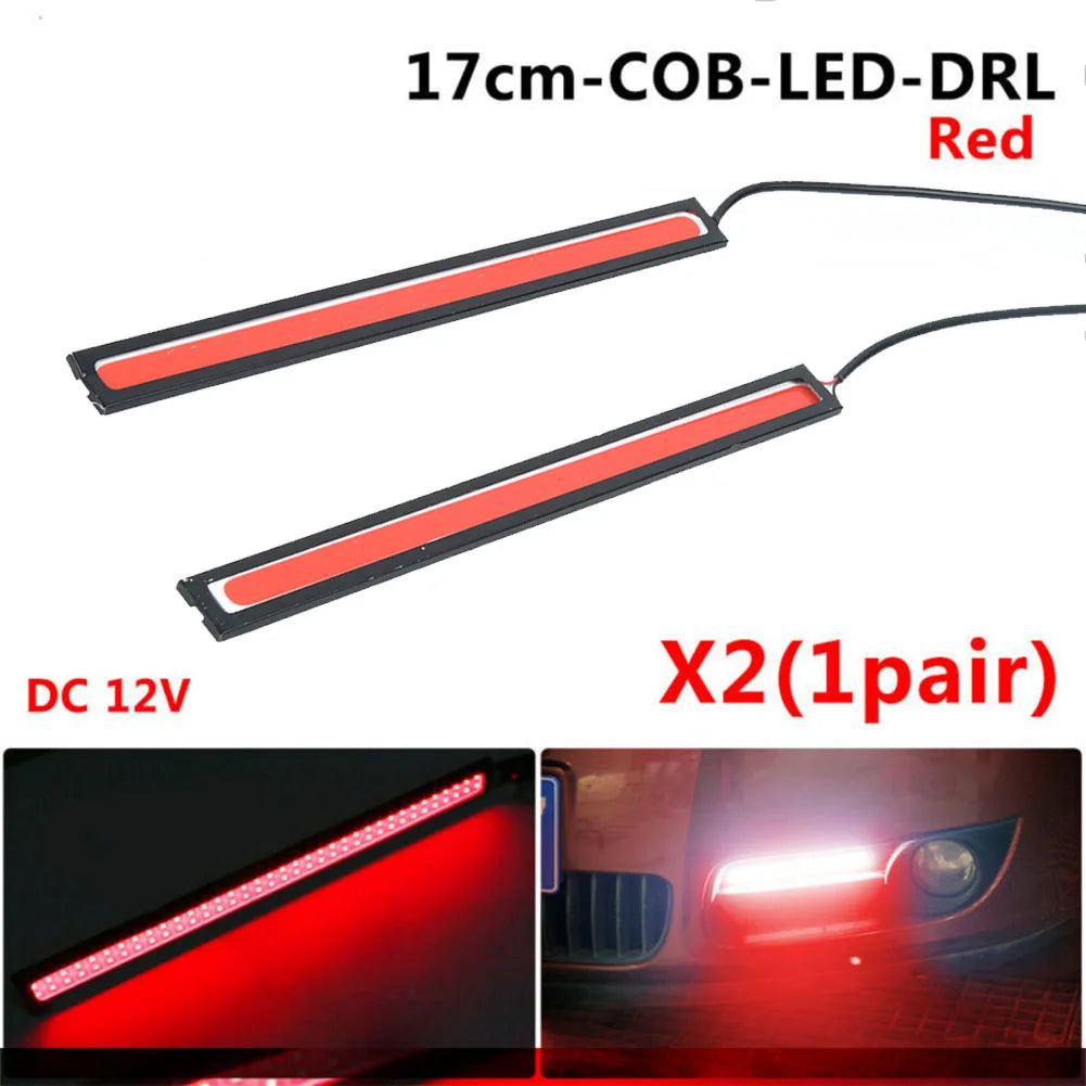 2Pcs 17cm COB Red LED Fog Light Strip | 12V DRL Waterproof Driving Lamp for Cars