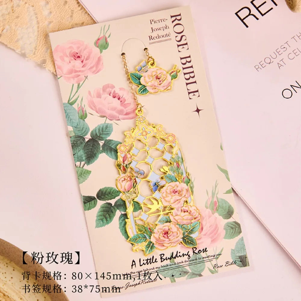 Retro Metal Aesthetic Rose Bookmark Pendant Chinese Style Floral Painting Bookmark Student Reading Mark Book Accessories Gift