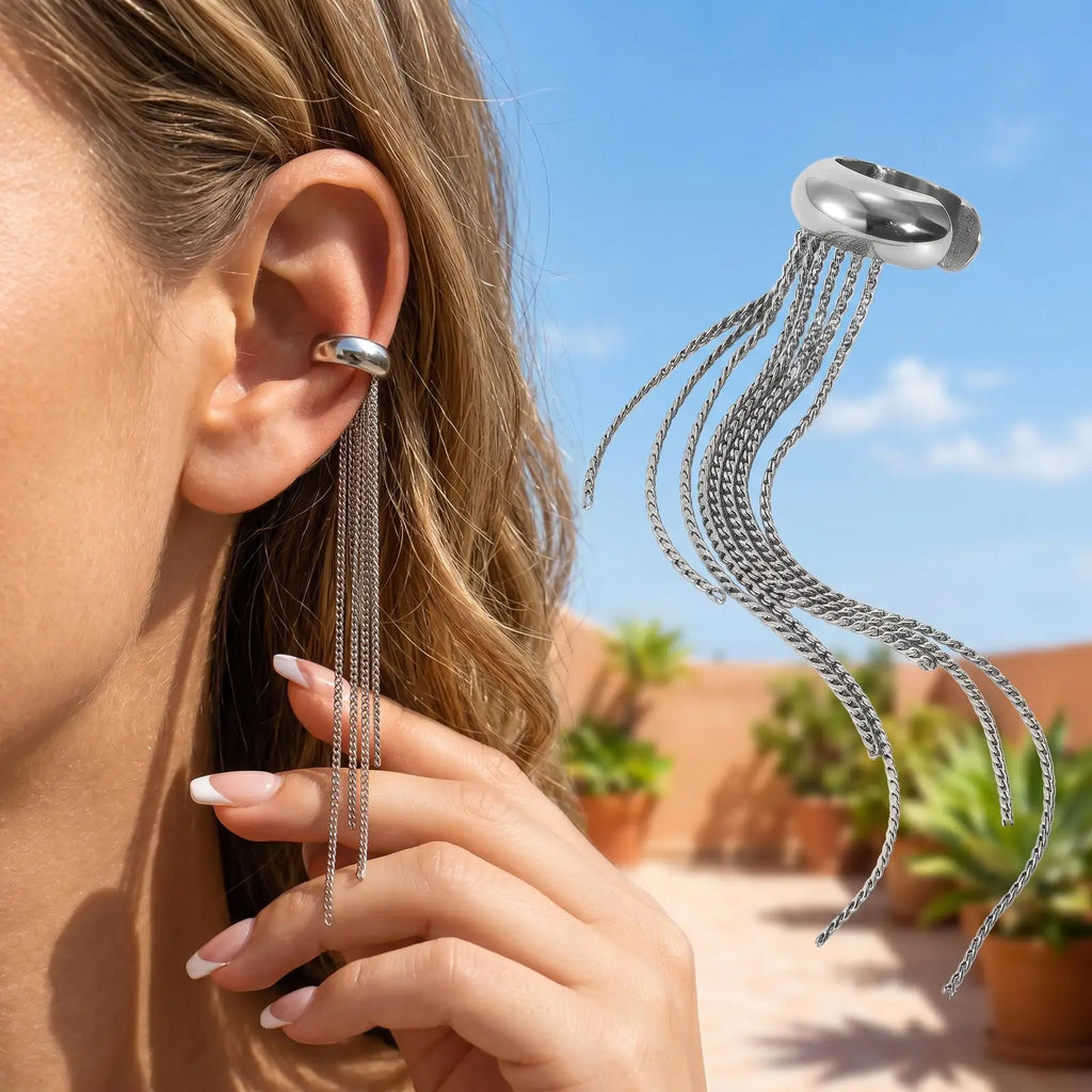 Silver Color Long Tassel Ear Cuff, No Piercing Chain Earrings, Punk Gothic Earcuff, Y2K Aesthetic Jewelry for Women 1PCS