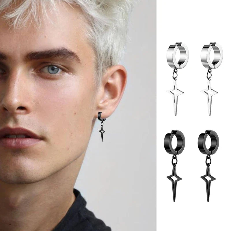 1Pair Punk Star Pendant Hoop Earrings | Clip-On Ear Cuff for Unisex