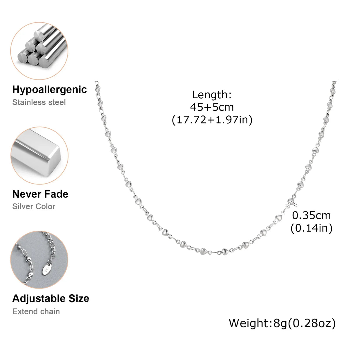 Vnox Minimalist Heart Link Chain Necklace Trendy Stainless Steel Stacked Clavicle Chain Party Daily Jewelry