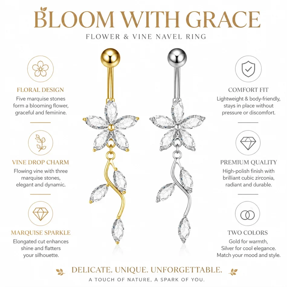 Stainless Steel Dangle Belly Button Ring Crystal Flower with Dangling Marquise Vine Titanium Navel Barbell Body Piercing Jewelry