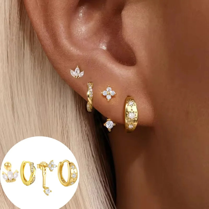 4PCS Fashion Stainless Steel Zirconia Star Huggie Hoop Earrings Set for Women Curious Pendant Flower Ear Stud Piercing Jewelry