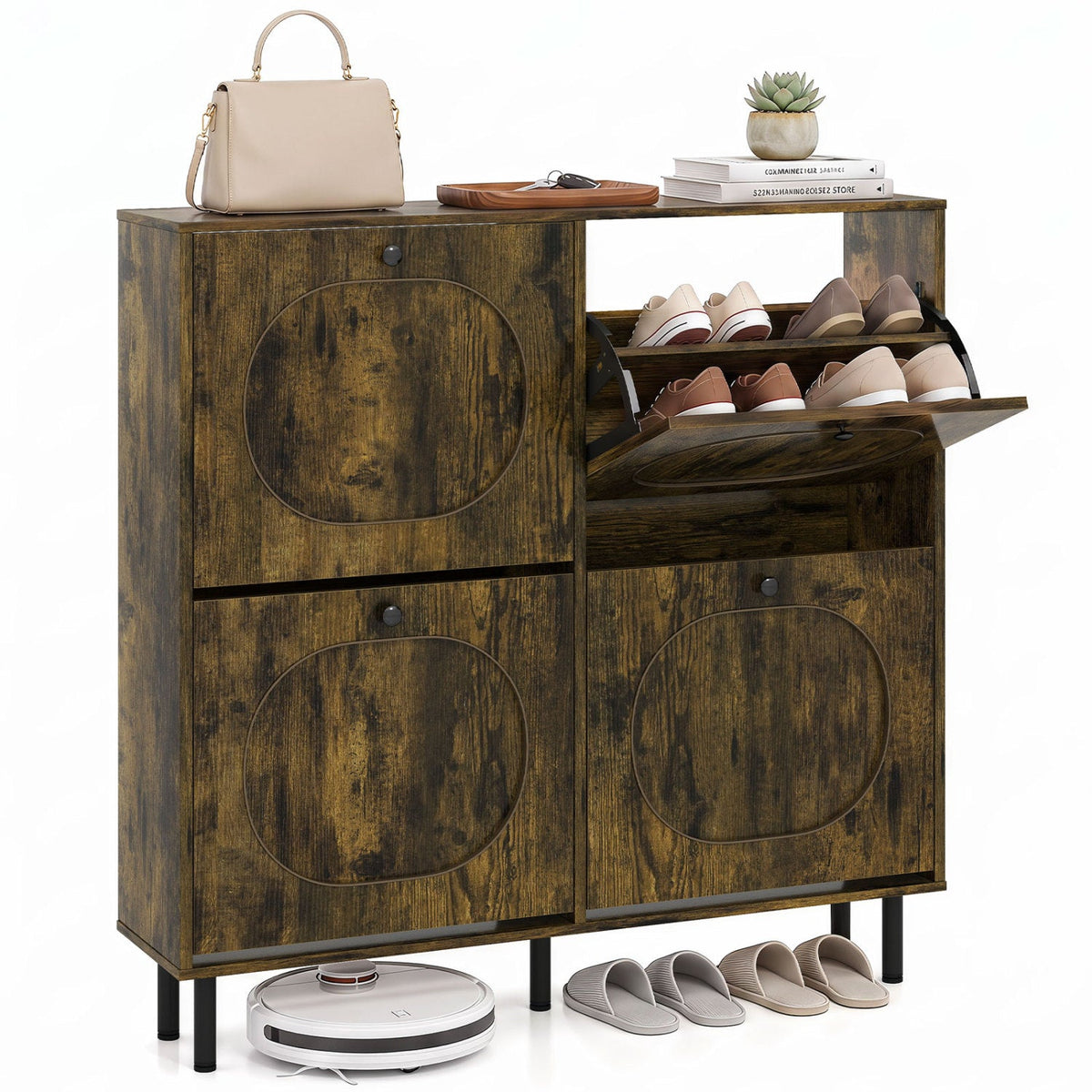 Shoe Storage Cabinet with 4 Flip Drawers - Rustic Brown