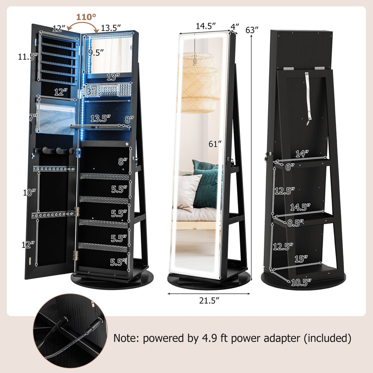 Standing Jewelry Cabinet with Adjustable LED Lights