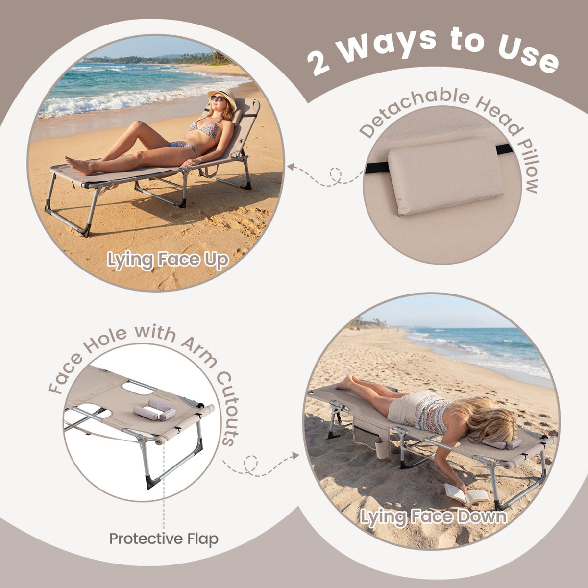 Tanning Chair with Face Arm Holes Portable Sunbathing Chair