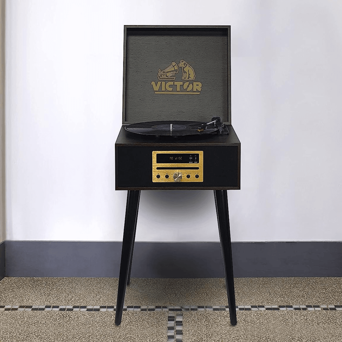 Victor Newbury 8-in-1 Music Center w Chair-Height Legs, USB Slot & AM FM Radio