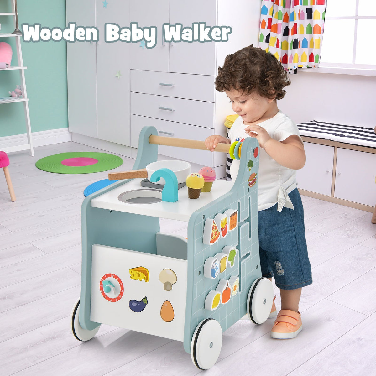 6-in-1 Wooden Baby Stroller with Play Kitchen for Kids Over 12 Months