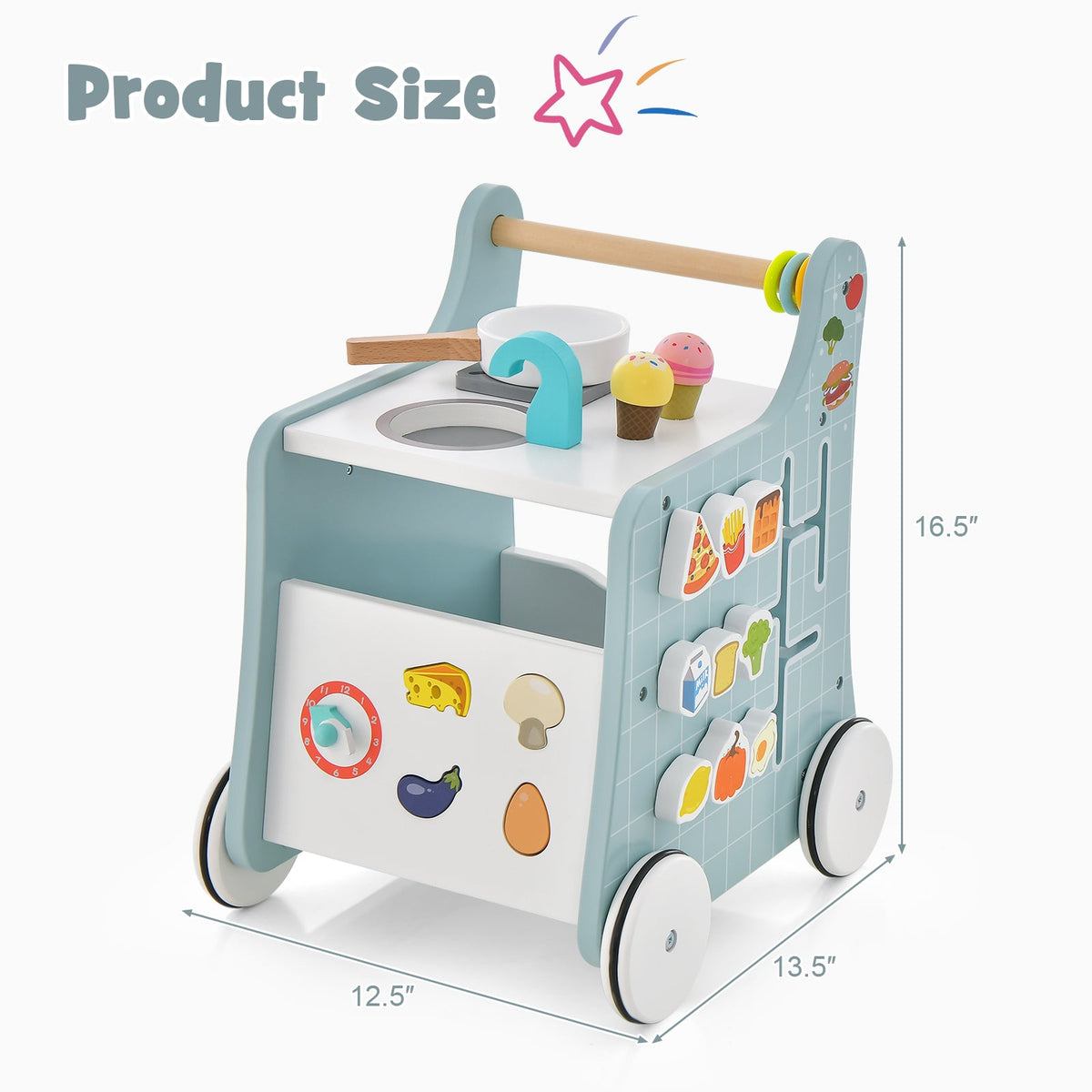 6-in-1 Wooden Baby Stroller with Play Kitchen for Kids Over 12 Months