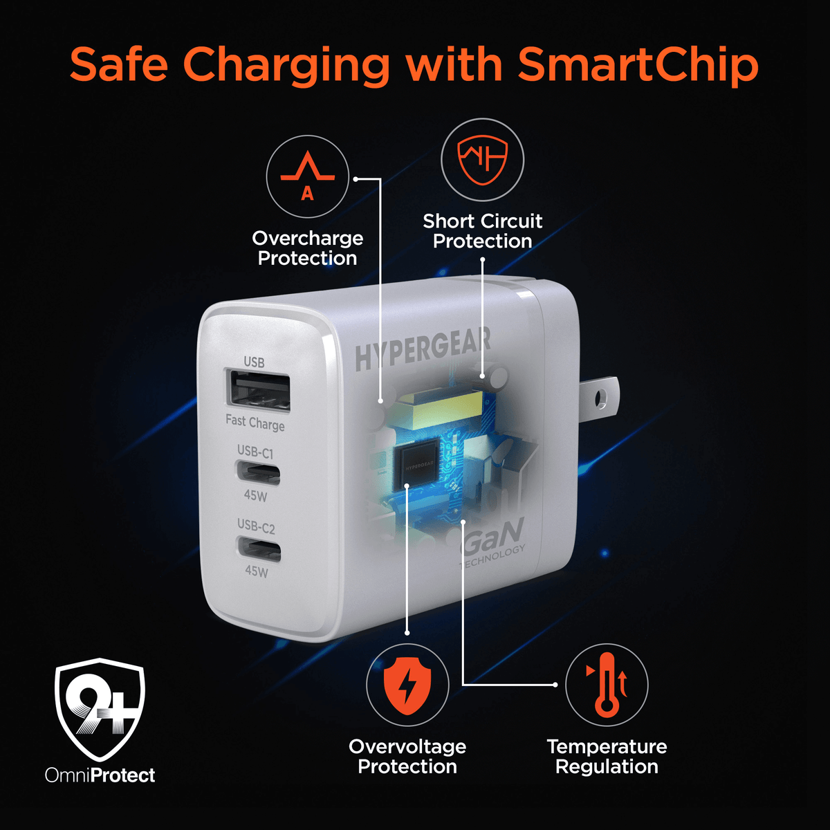 HyperGear SpeedBoost 45W USB-C PD Tri-Port GaN Fast Wall Charger with PPS and 6ft USB-C Cable